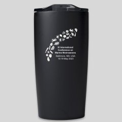 Matte black tall coffee tumbler, front view. Design: Silhouetted marine invertebrate larvae in solid white, arching over the conference name and dates in white text.